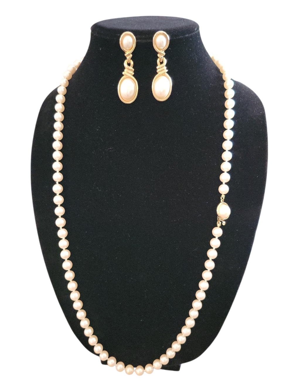 Vintage Marvella Faux Pearl & Gold Tone Earrings & Faux Pearl Necklace